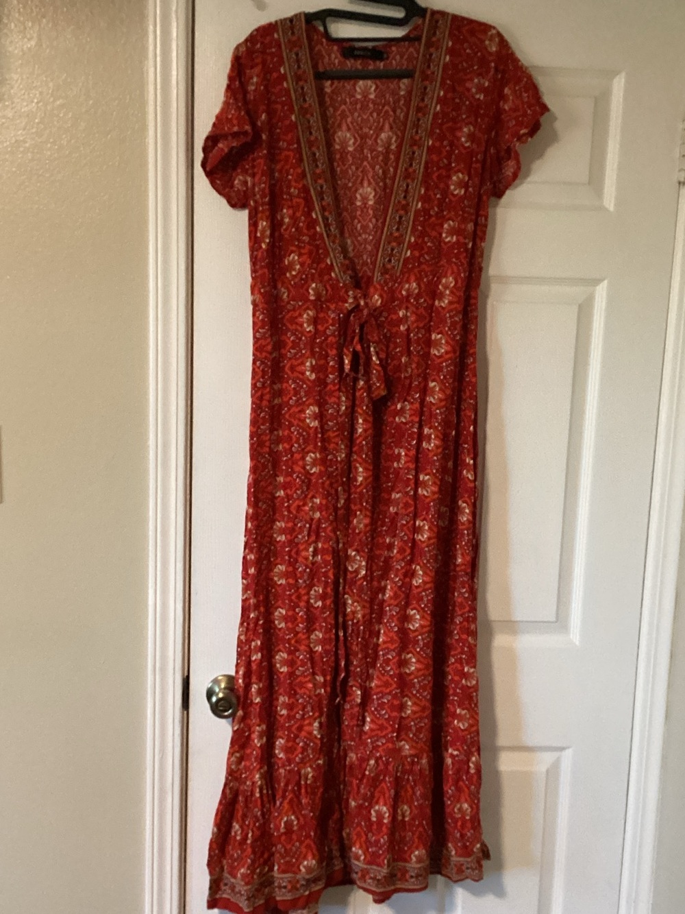 Deep V Red Boho Maxi Dress with Tie Waist Zesica brand. Paisley.